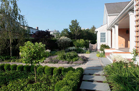 title:The morning garden features an culinary herb garden, center left, and planting beds with contracting plant texture and leaf form. The colors are understated so that the eye can focus on the subtle quality of this area.